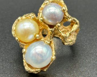 14k Vintage Ring Cultured Pearl Chunky Gold - Size 6 1/4