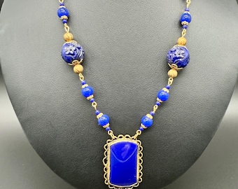 Antique Art Deco Blue Beaded Necklace - 17” Length
