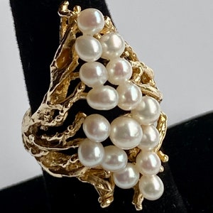 Mid Century 14k Gold Pearl Ring with gold branch design