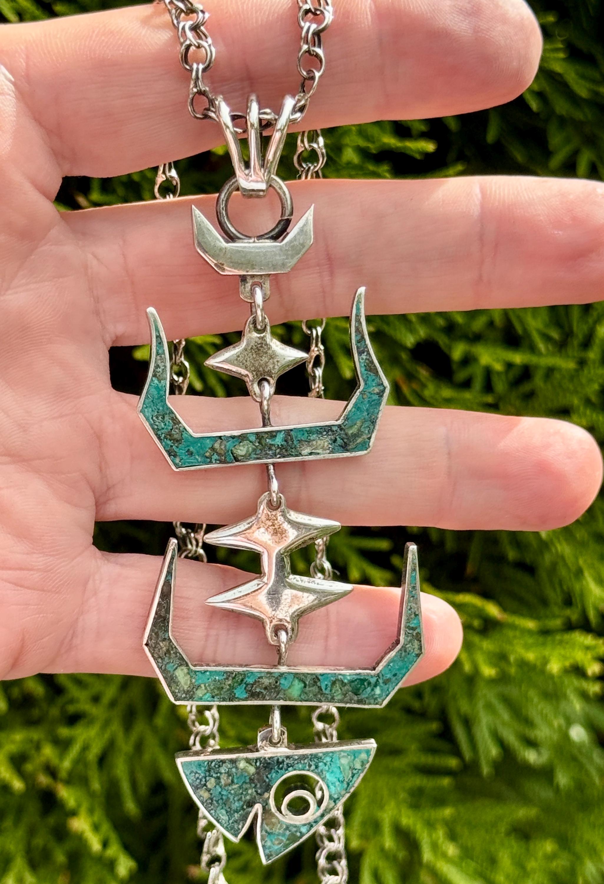 Vintage 1960's Taxco Sterling Articulated Fish Necklace - Azurite