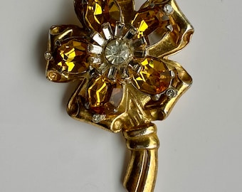 Vintage Flower Pin with Golden Glass and Rhinestones