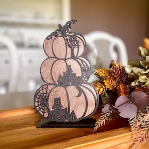 Wooden Stacked Pumpkin Decor: Metallic Copper Halloween Shelf Sitter
