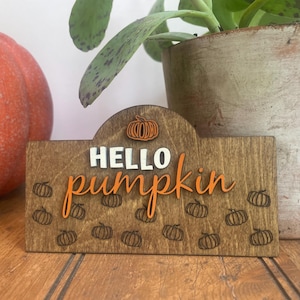 Hello Pumpkin Fall Sign | Small Autumn Shelf Decor | Mini Tiered Tray Sign | Farmhouse Fall Decor | Rustic Pumpkin Sign | Seasonal Wood Sign
