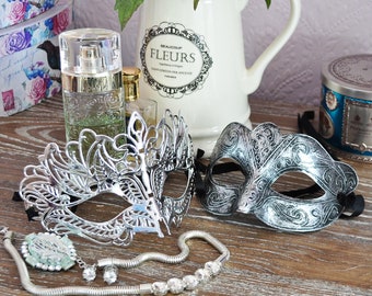 His & Hers Couples Venetian Style Masquerade Party Masks - Silver