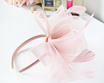 Pale Dusty, Dusky Pink Net and Feather Loops Design Fascinator set on co-ordinating Ribbon Wrapped Headband - Weddings, Proms etc.