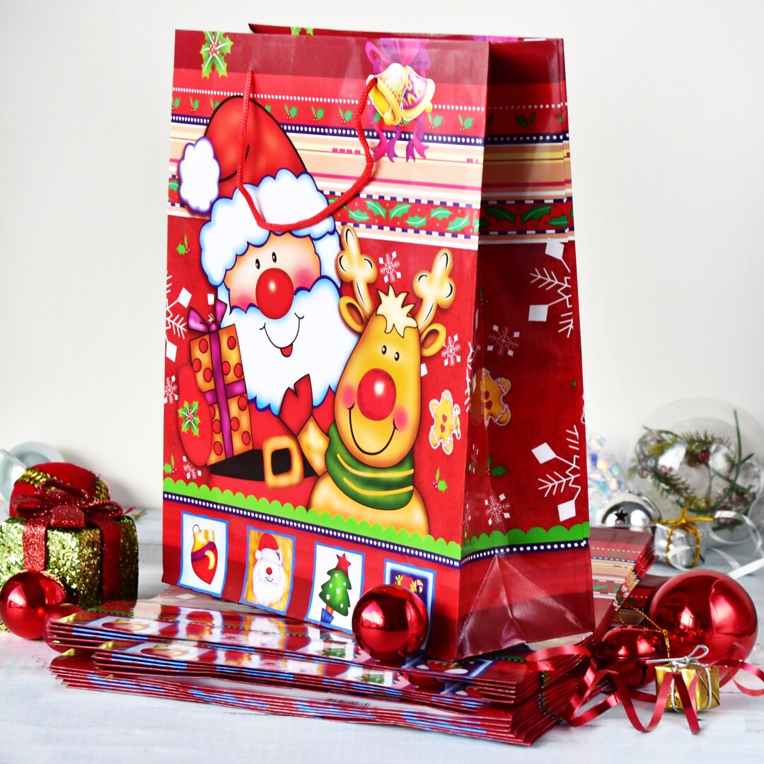 12 X Pack Glossy Red Santa & Rudolph Festive Christmas Gift Bags With ...