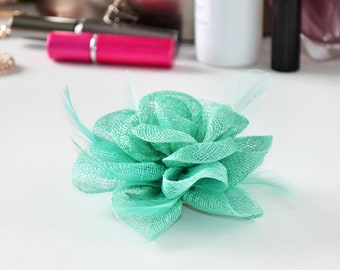 Mint Green Spearmint Green Sinamay and Feather Flower Design Fascinator set on Spring Clip/ Pin  - Weddings, Proms, Race Meetings etc.