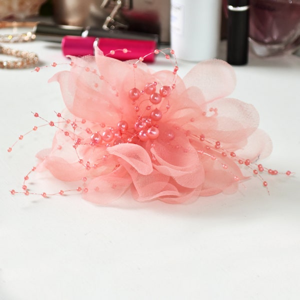 Pink Chiffon Fabric & Bead Flower Design Fascinator set on Spring Clip / Pin - Weddings, Race Meetings, Proms, Special Occasions etc.