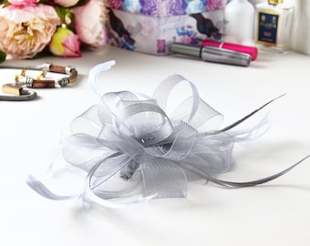 Grey Looped Net and Feather Fascinator set on Ribbon Wrapped Clear Comb - Weddings, Race Meetings, Proms etc