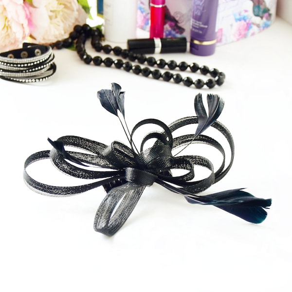 Black Looped Net and Feather Design Fascinator set on a Ribbon Wrapped Clear Comb - Weddings, Race Meetings, Proms etc.