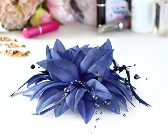 Navy Blue Fabric, Feather & Bead Flower Design Fascinator on Forked Spring Clip/ Pin - Weddings, Race Meetings, Proms etc.