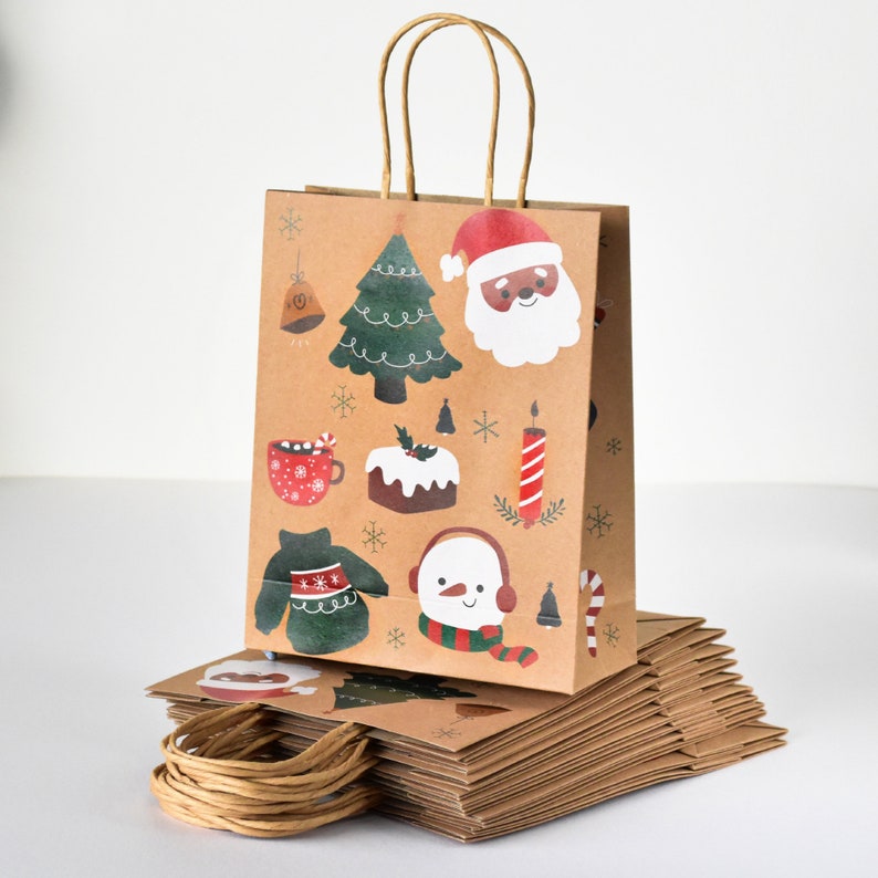 12 X Pack Christmas Themed Kraft Paper Gift Bags With Twisted - Etsy UK