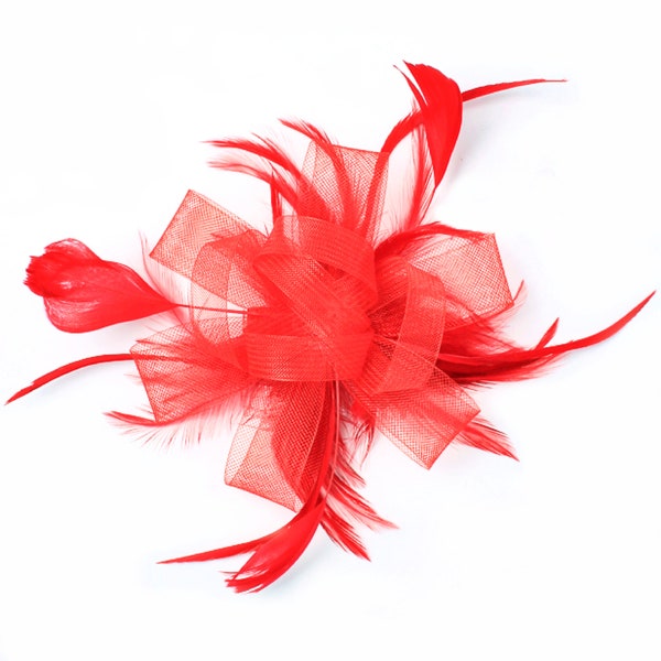 Red Looped Net and Feather Fascinator set on Ribbon Wrapped Clear Comb - Weddings, Race Meetings, Proms etc