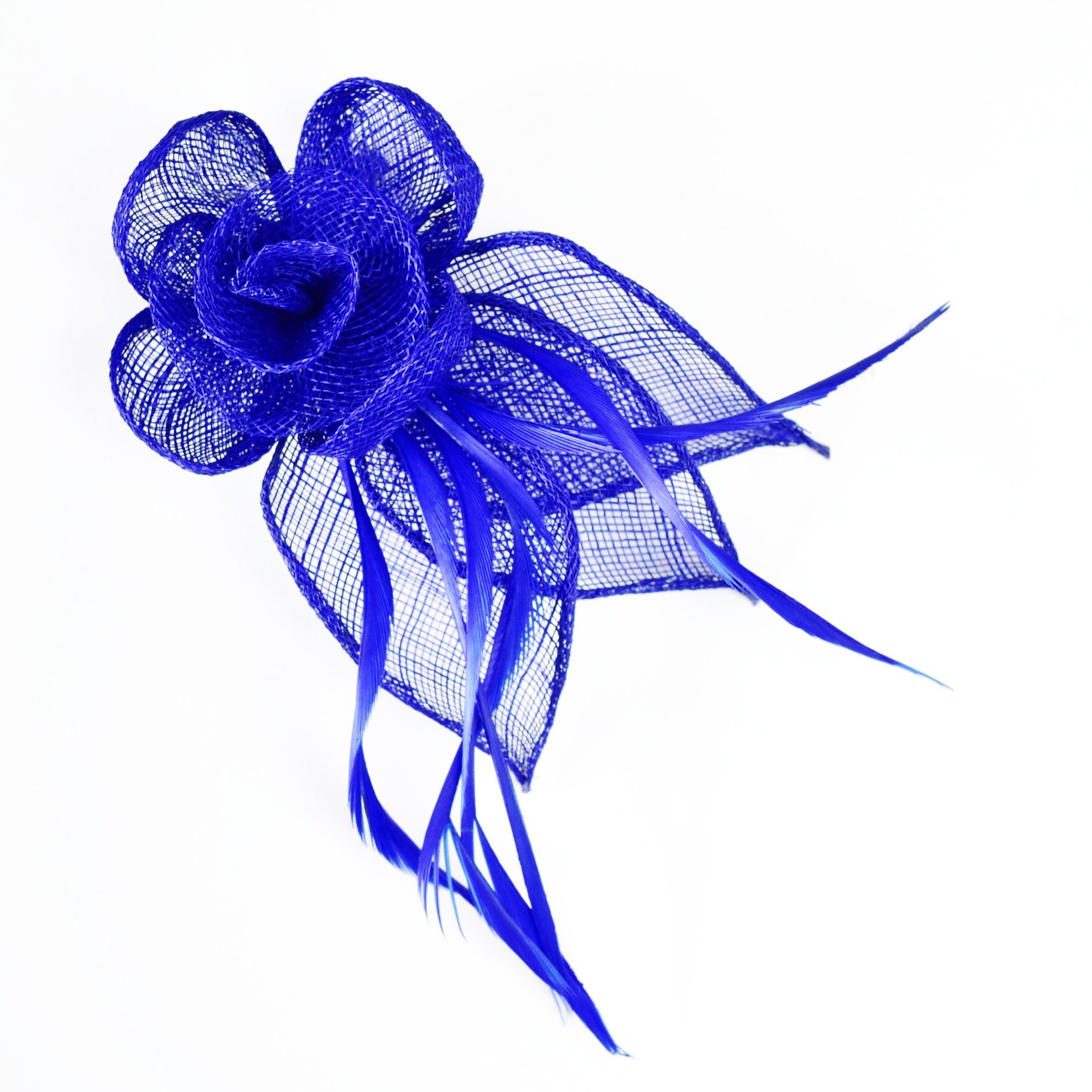 Royal Blue Sinamay and Feather Flower and Leaf Design 