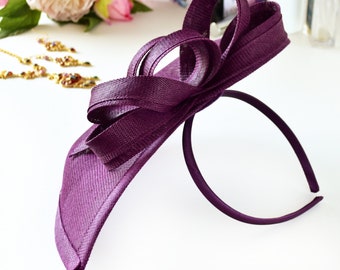 Large Aubergine, Plum, Grape Sinamay Pointed Tip and Loop Design Fascinator on either Spring Clip or Alice Band - Weddings, Race Meetings .