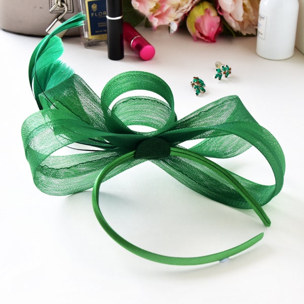 Forest Green, Deep Green  Net and Feather Loops Design Fascinator set on co-ordinating Ribbon Wrapped Headband - Weddings, Proms etc.