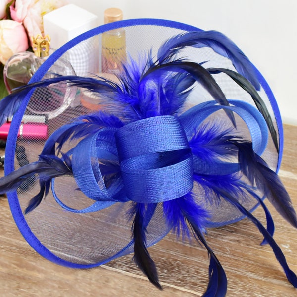 Royal Blue Net Fascinator with Loops and Feathers set on 1.5 cm Co-ordinating Ribbon Wrapped Headband - Weddings Races Proms etc.