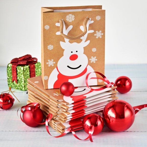 12 x Pack Brown Christmas Gift Bags with Reindeer and Snowflake Print in a Matt Finish and with Corded Handles - Christmas, Xmas Gifts etc.