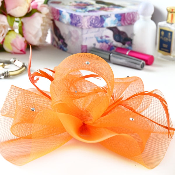 Orange Net & Feather Loops Design Fascinator with Gem Detail set on Spring Clip - Weddings, Race Meetings, Proms etc.