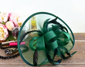 Bottle Green, Forest Green  Net Fascinator with Loops and Feathers set on 1.5 cm Co-ordinating Ribbon Wrapped Headband - Weddings Races etc.