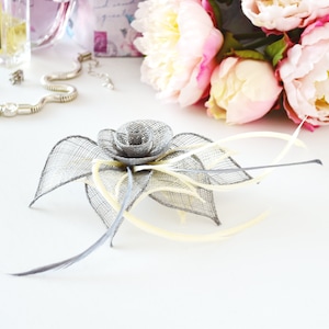 Silver Grey and Cream Sinamay and Feather Flower and Leaf Design Fascinator on Spring Clip/ Pin. - Weddings Race Meetings, Proms etc