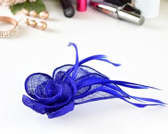 Royal Blue Sinamay and Feather Flower and Leaf Design Fascinator set on Spring Clip/ Pin - Weddings, Race Meetings, Proms etc.