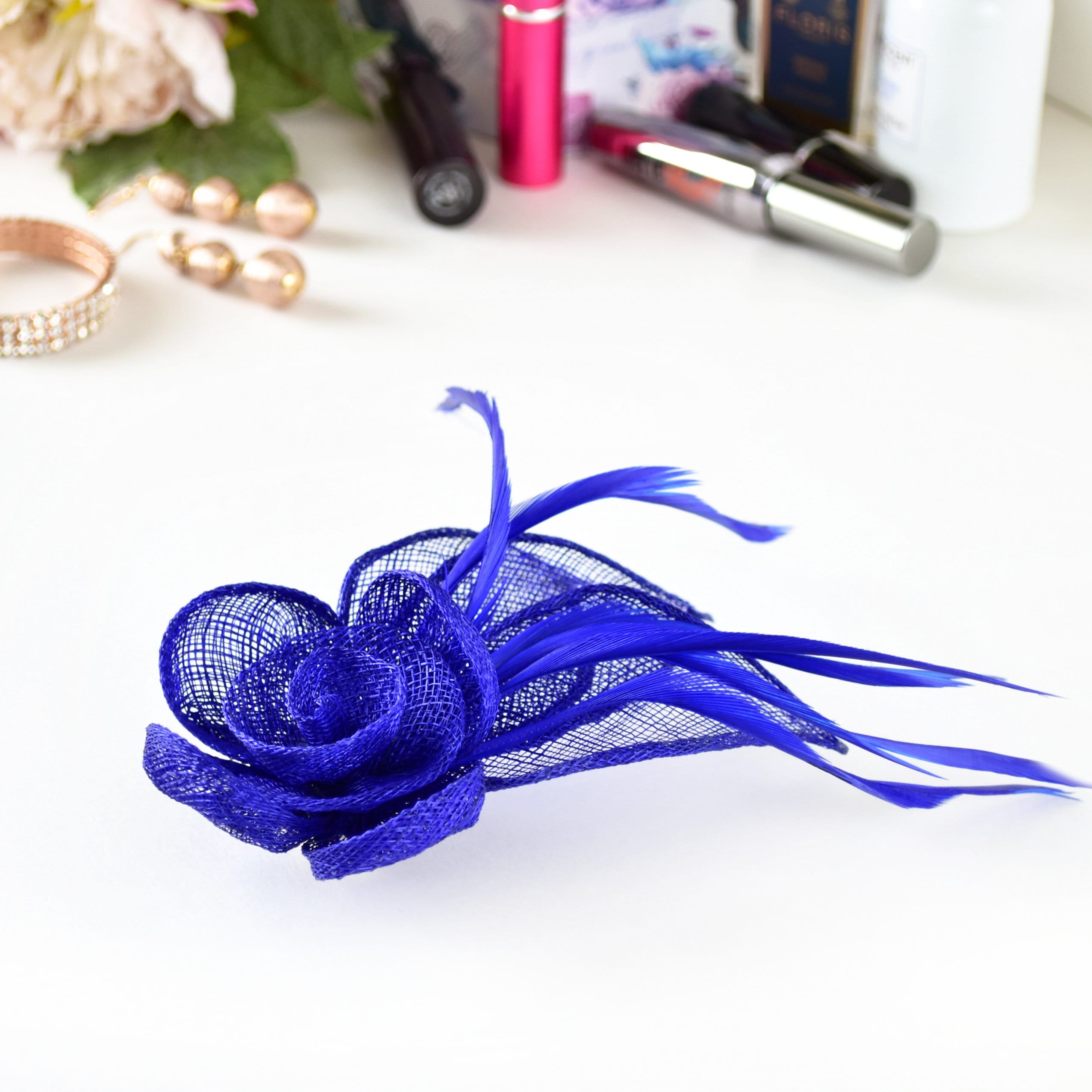 Royal Blue Sinamay and Feather Flower and Leaf Design  display picture 3