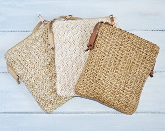 Ladies Soft Natural Straw Weave Effect Cross Body Bag with Vegan Leather Strap - 3 Colours Available