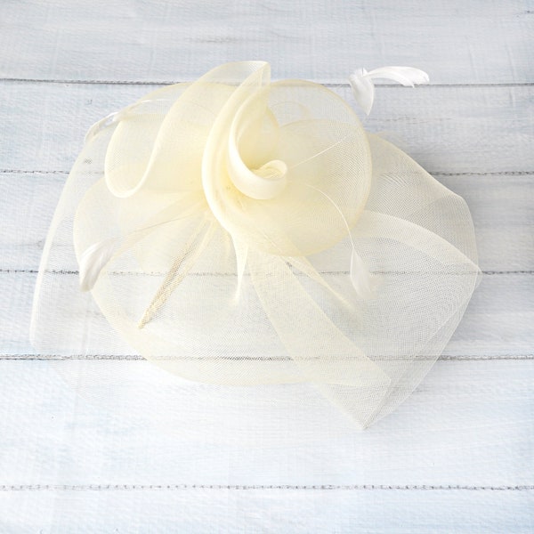 Ladies Oversized Gauze Flower & Coq Plume Headband Fascinator in Cream - Weddings, Race Meetings, Proms, Special Occasions etc.