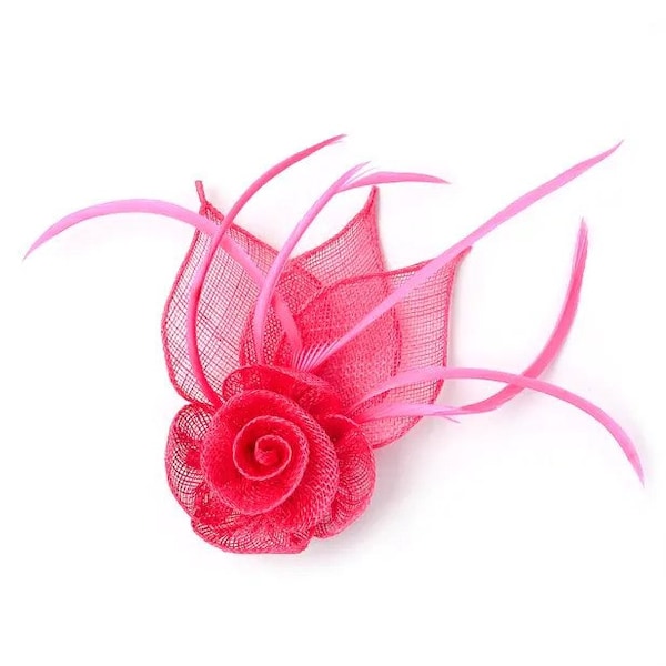 Fuchsia Pink Sinamay and Feather Flower and Leaf Design Fascinator set on Spring Clip/ Pin - Weddings, Race Meetings, Proms etc.