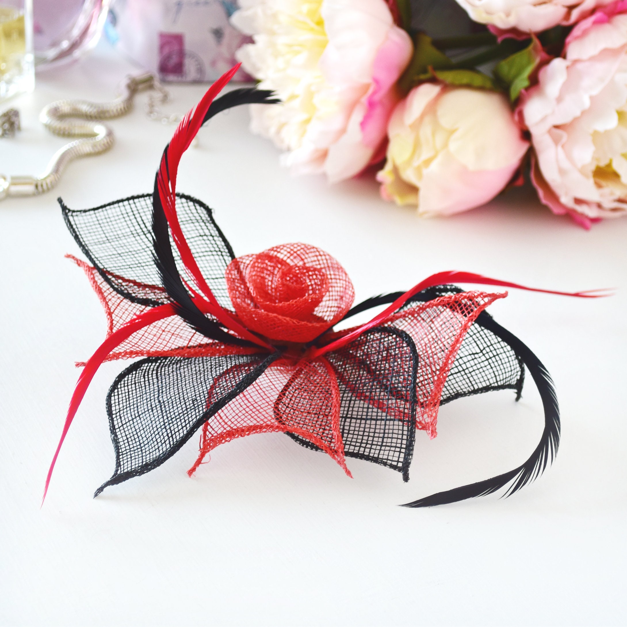 Red and Black Comb Fascinator With Sinamay Rosettes and Black Feathers Red and Black Feather Saucer Hatinator main image 2
