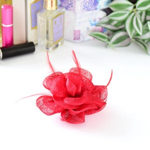 May include: A bright red fabric flower with fine feather detailing. The flower is the central element, set against a backdrop of beauty products and foliage. This accessory could be used as a hair clip or a decorative element.