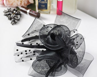 Black Net and Feather Triple Rosette and Loops Design Fascinator set on co-ordinating Ribbon Wrapped Headband - Weddings, Race Meetings etc.