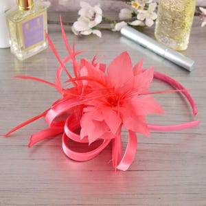 May include: A coral-coloured headpiece with a large, feathery flower and ribbon accents. The headpiece is attached to a thin, pink headband. The design includes long, delicate feathers and looped ribbons, creating a stylish accessory.