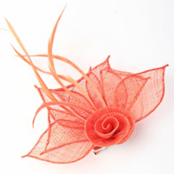 Coral Sinamay and Feather Flower Design Fascinator set on Spring Clip / Pin - Weddings, Race Meetings, Proms, Special Occasions etc.