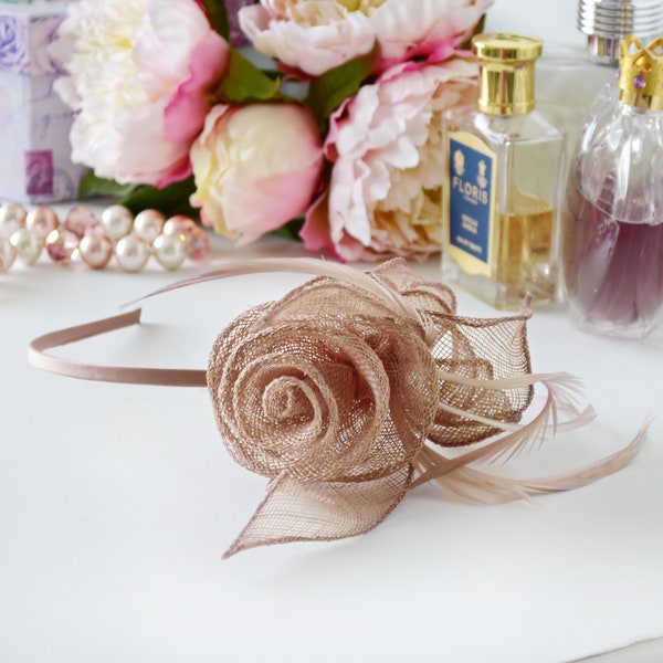 Mocha Coloured Sinamay and Feather Coiled Flower and Leaf Design Fascinator on Co-ordinating Headband - Weddings, Race Meetings, Proms etc.