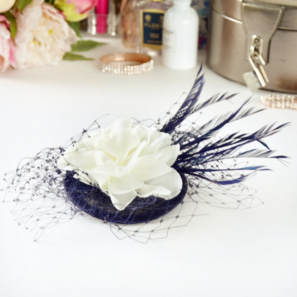 Navy Blue and Cream Sinamay, Chiffon, Net and Feather Flower Design Fascinator set on ribbon wrapped comb - Weddings, Race Meetings,  etc.