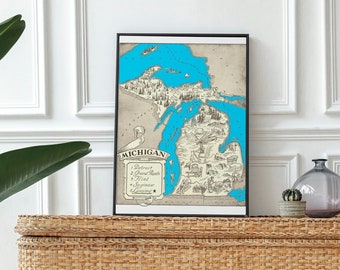 Vintage 1931 Michigan State Map Print –8x10 Michigan State Vintage Map, Old Michigan Map Poster, Artist Hand Drawn Map of Michigan (6 Sizes)