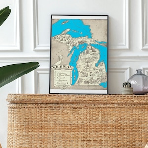 Vintage 1931 Michigan State Map Print –8x10 Michigan State Vintage Map, Old Michigan Map Poster, Artist Hand Drawn Map of Michigan (6 Sizes)