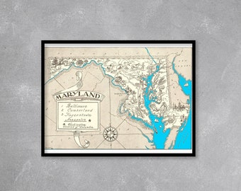 Vintage 1931 Maryland State Map Print –8x10 Maryland State Vintage Map, Old Maryland Map Poster, Artist Hand Drawn Map of Maryland (6 Sizes)