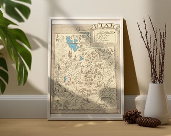 Vintage 1931 Utah State Map Print – 8x10 Utah State Vintage Map – Old Utah Map Poster – Artist Hand Drawn Map of Utah (6 Sizes)