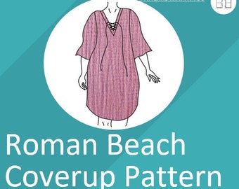Figura completa / Talla grande Vestido de encubrimiento de playa romana de talla grande Patrón de costura PDF, Ropa de salón, Patrón de vestido de vacaciones, Frente de corbata con cordones