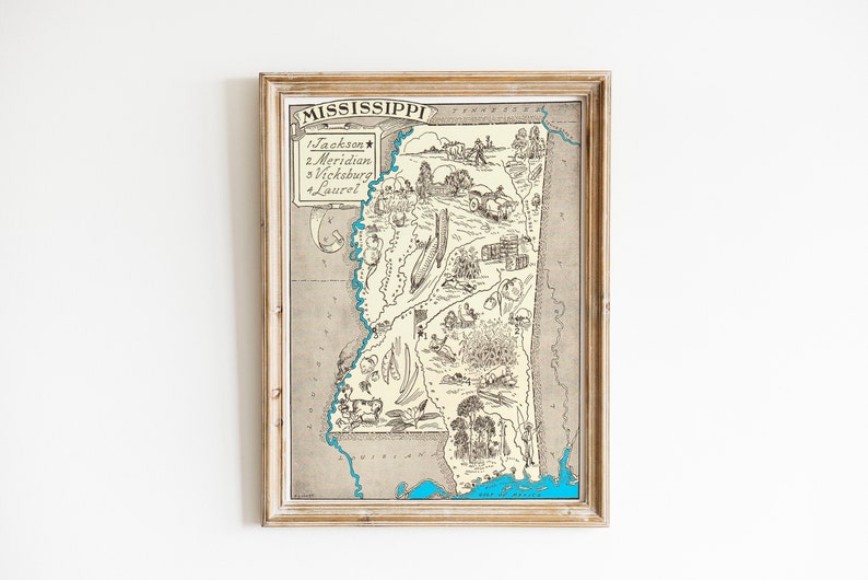 Vintage 1931 Mississippi State Map Print 8x10 Mississippi State Vintage Map Old Mississippi Map Poster, Artist Map Mississippi 6 Sizes image 2