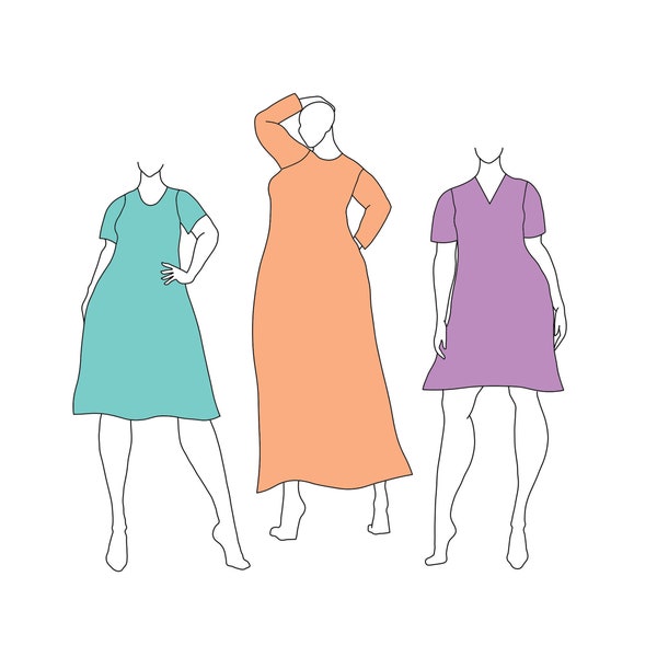 Full Figure / Plus Size Women's Jasmine Dress PDF Sewing Pattern, Mini Midi & Maxi Lengths Plus 2 Sleeve Lengths Included
