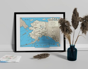 Vintage 1931 Alaska State Map Print – 8x10 Inch Alaska State Vintage Map – Old Alaska Map Poster – Artist Hand Drawn Map of Alaska (6 Sizes)