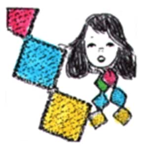 May include: A colorful illustration of a girl with black hair wearing a necklace made of colorful squares. The squares are blue, yellow, pink, and green.