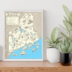 Vintage 1931 Maine State Map Print – 8x10 Maine State Vintage Map – Old Maine Map Poster – Artist Hand Drawn Map of Maine (6 Sizes)