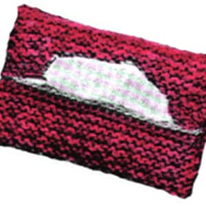 May include: A pink knitted pouch with a white floral patterned fabric insert. The pouch is made of a soft, textured material.