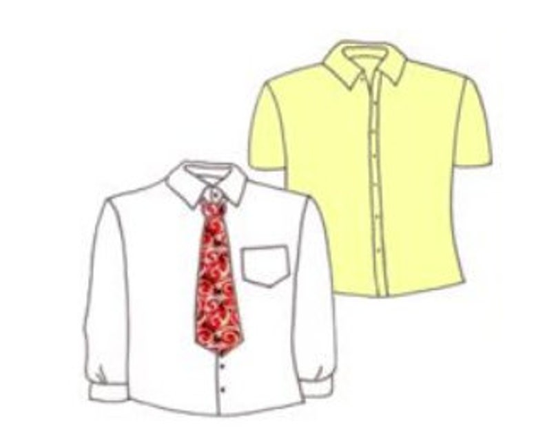 May include: Two button-down shirts, one white with long sleeves and a red patterned tie, the other yellow with short sleeves.