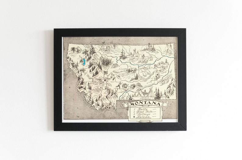 Vintage 1931 Montana State Map Print 8x10 Montana State Vintage Map Old Montana Map Poster Artist Hand Drawn Map of Montana 6 Sizes image 3